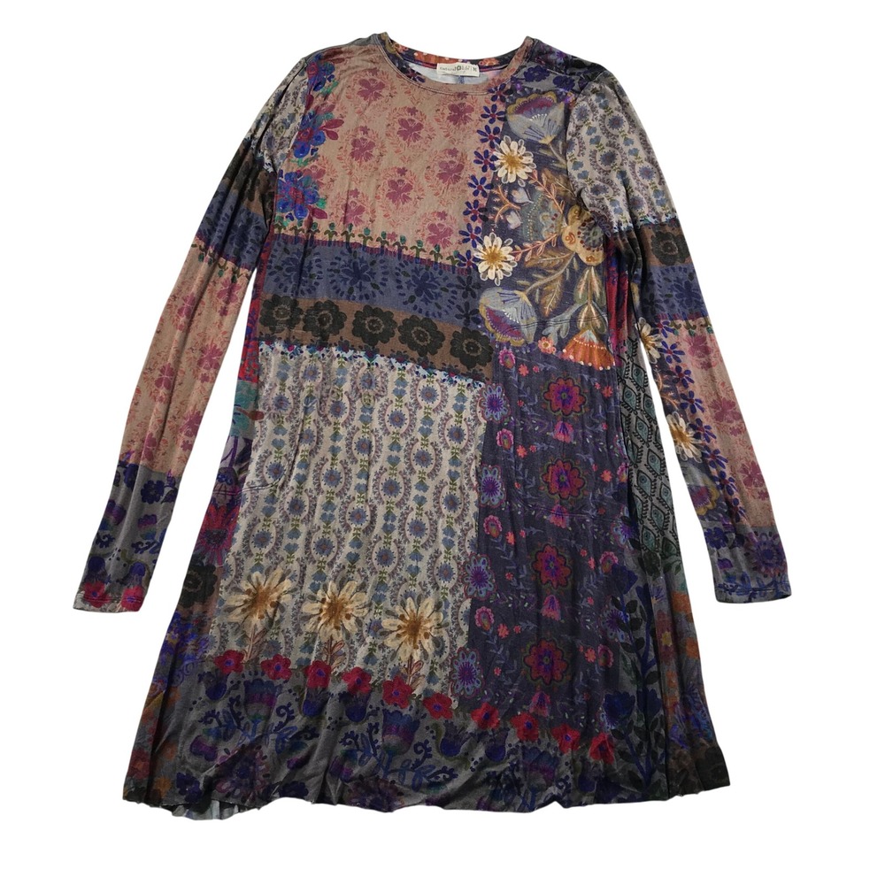 Natural Life Womens Medium Patchwork Floral Long Sleeve Tunic Mini Dress Boho